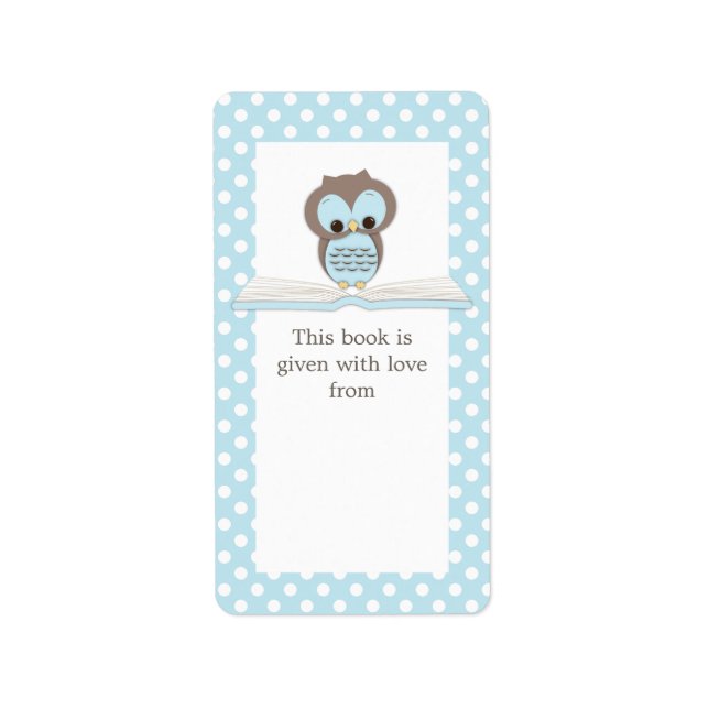 Blue Baby Owl on Book Gift Bookplate Label (Front)