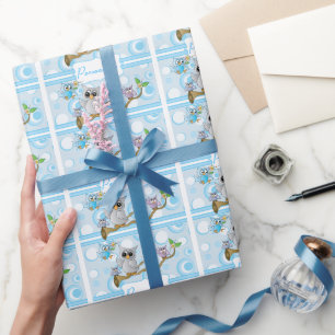 Blue Baby Owl   Shower Theme Wrapping Paper