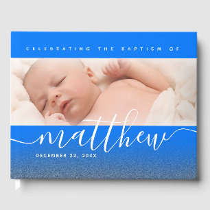 Blue Baby Photo Baptism Christening Cross Glitter Guest Book
