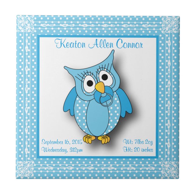 Blue Baby Polka Dotted Owl Ceramic Tile (Front)