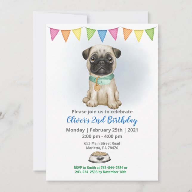 Blue Baby Pug Birthday Party Invitation (Front)