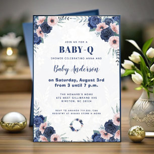 Blue Baby-Q Floral Rose Pastel BBQ Baby Shower Invitation