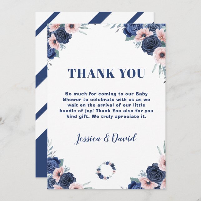 Blue Baby-Q Floral Rose Pastel BBQ Baby Shower Thank You Card (Front/Back)