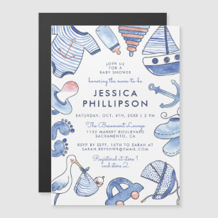 Blue Baby Sailor   Watercolor Nautical Baby Shower Magnetic Invitation