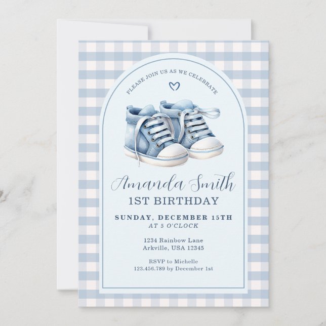 Blue Baby Shoes Boy Plaid Arch First Birthday Invitation (Front)