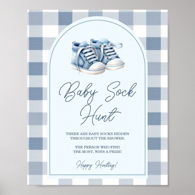 Blue Baby Shoes Gingham Baby Shower Baby Sock Hunt Poster (Front)