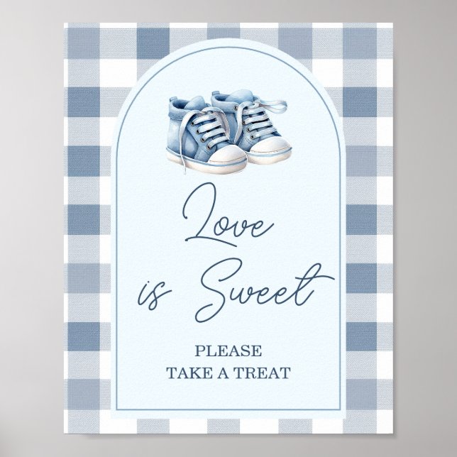 Blue Baby Shoes Gingham Baby Shower Love is Sweet Poster (Front)