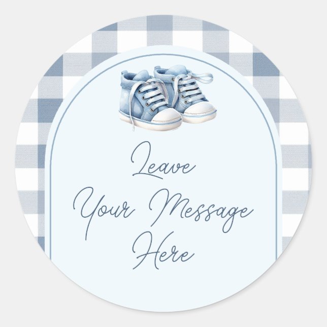 Blue Baby Shoes Gingham Baby Shower Your Message Classic Round Sticker (Front)