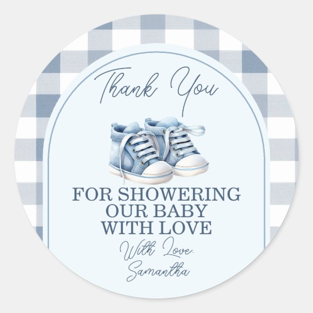 Blue Baby Shoes Gingham Boy Baby Shower Thank You Classic Round Sticker (Front)