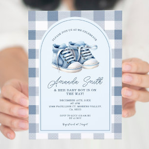 Blue Baby Shoes Gingham Boy Booties Baby Shower Invitation