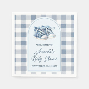 Blue Baby Shoes Gingham Boy Booties Baby Shower Napkin