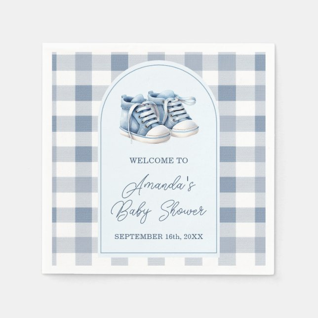 Blue Baby Shoes Gingham Boy Booties Baby Shower Napkin (Front)