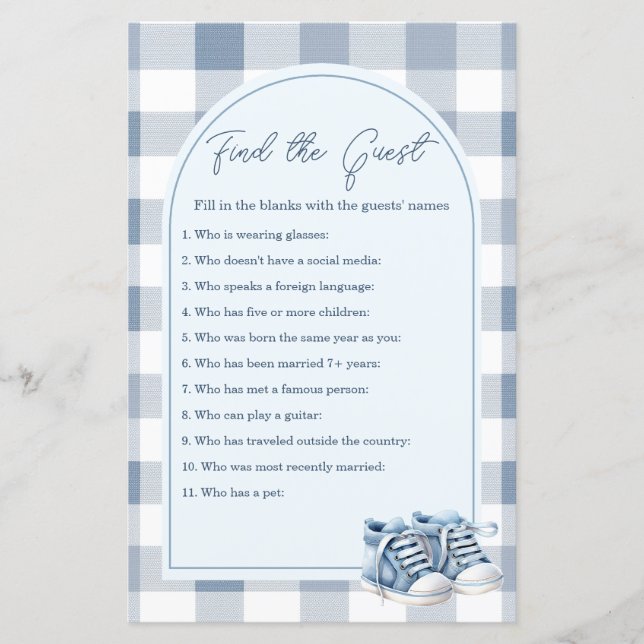Blue Baby Shoes Gingham Find The Guest Game (Front)