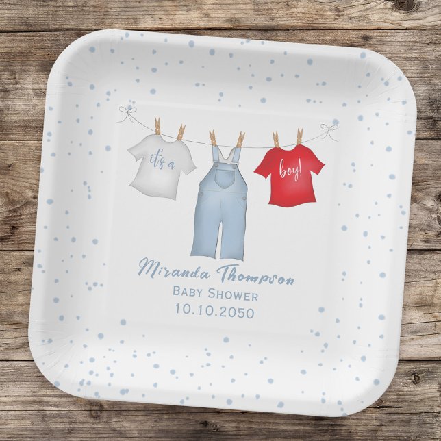 Blue Baby Shower Cute Clothesline Paper Plate (Creator Uploaded)