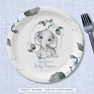 Blue Baby Shower Elephant Watercolor Greenery Paper Plate