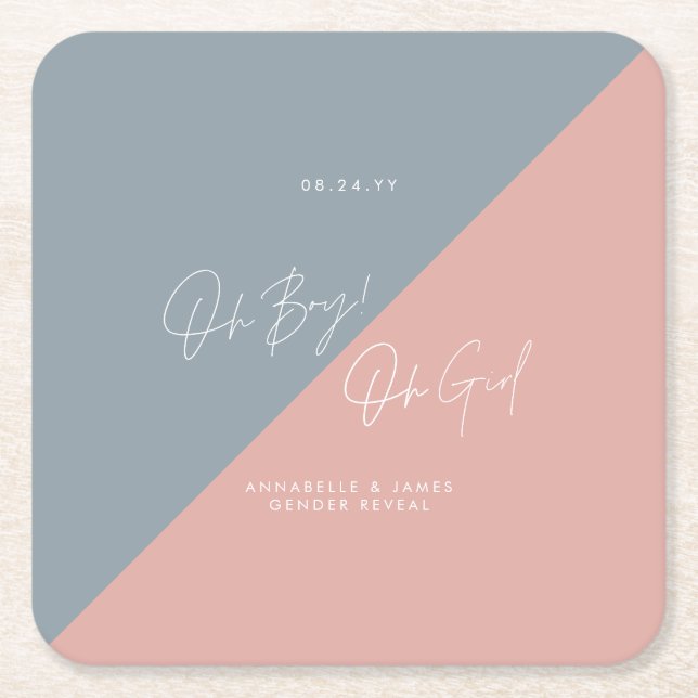blue baby shower gender reveal square paper coaster (Front)