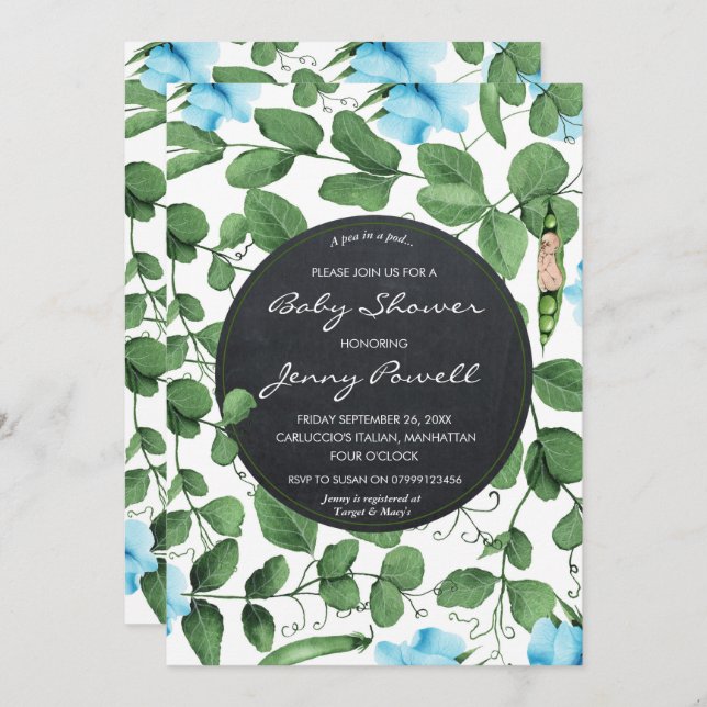 blue baby shower invitation boy pea in a pod (Front/Back)