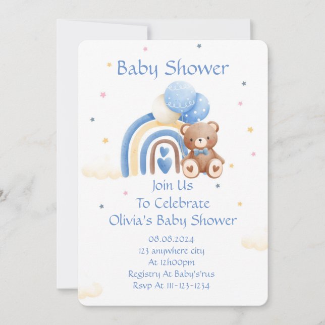 BLUE BABY SHOWER INVITATION TEDDY BEAR (Front)