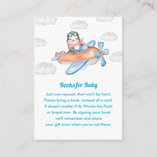 Blue Baby Shower Penguin Animal Pilot Book Request Enclosure Card (Front)