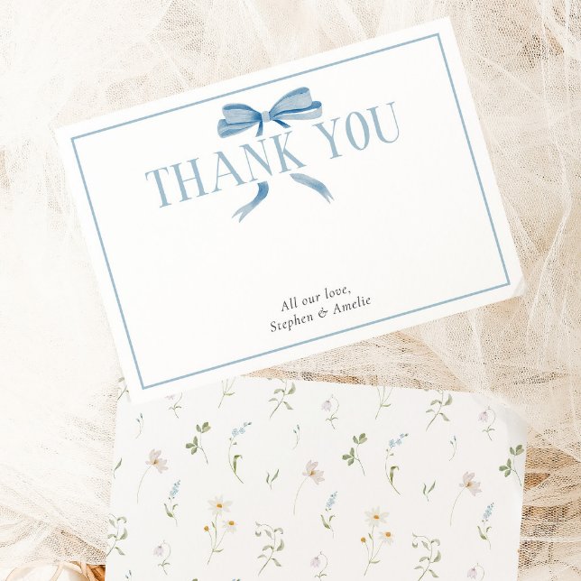 Blue Baby Shower Spring Floral Bow Thank You Card (Creator Uploaded)
