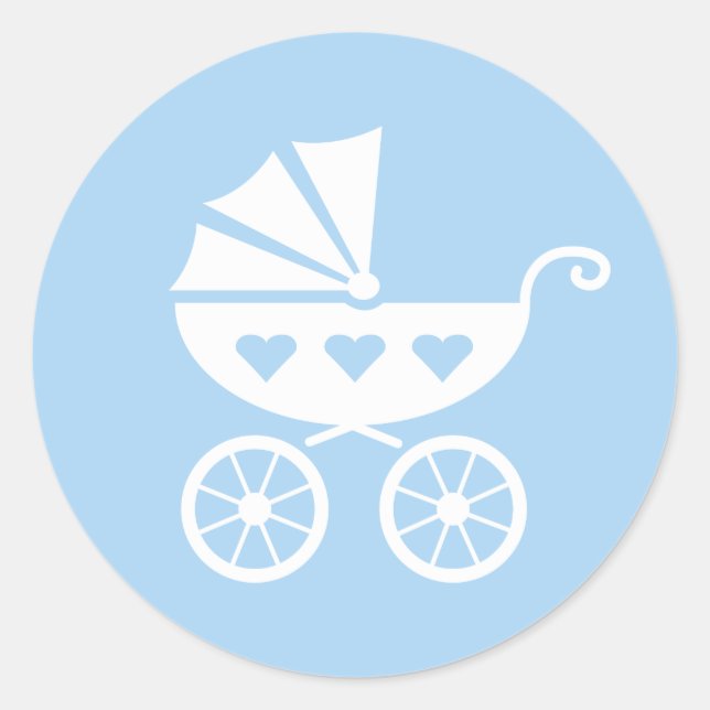 Blue baby shower stickers with cute stroller buggy (Front)