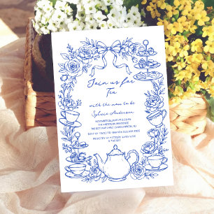 blue baby shower tea bow Hand Drawn coquette Invitation