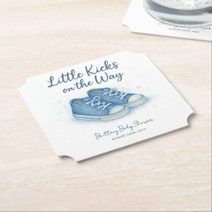 Blue Baby Sneakers Baby Shower Paper Coaster