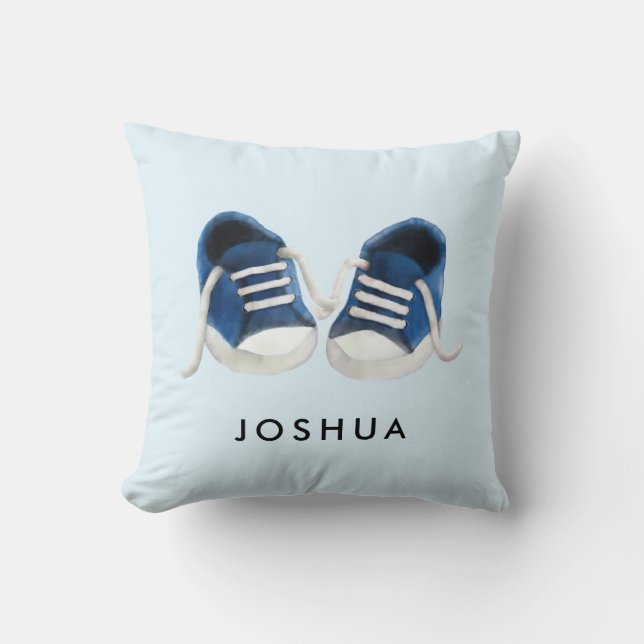 Blue Baby Sneakers Pillow, with Name, for Nursery Cushion (Front)