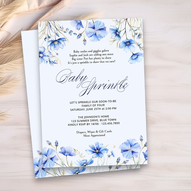 Blue Baby Sprinkle Poem Floral Baby Shower Invitation (Blue Floral Baby Sprinkle Invitation)