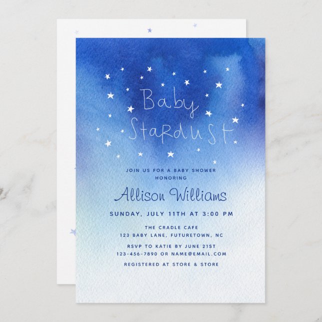 Blue Baby Stardust Sky Star Watercolor Baby Shower Invitation (Front/Back)