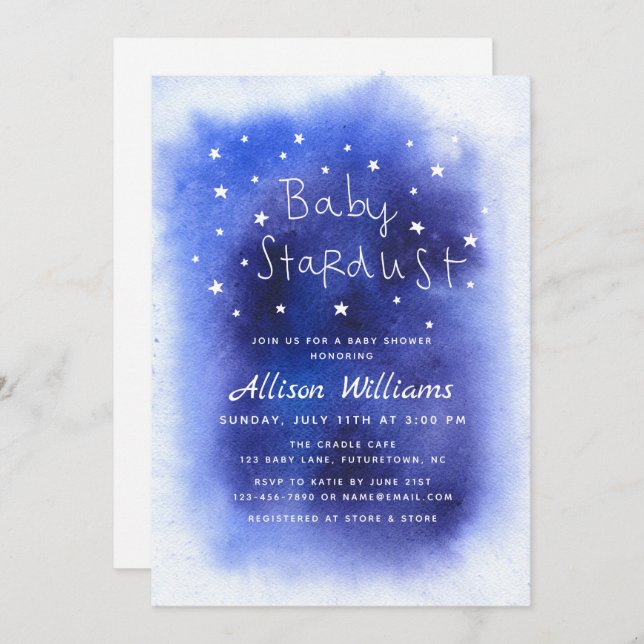Blue Baby Stardust Stars Watercolor Baby Shower Invitation (Front/Back)