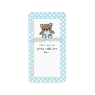 Blue Baby Teddy Bear on Book Gift Bookplate Label