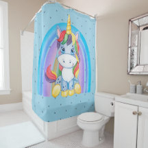 Blue Baby Unicorn on Rainbow Shower Curtain