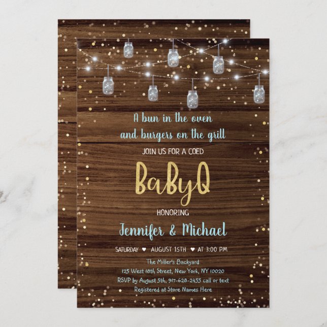 Blue BabyQ Rustic String Lights BBQ Baby Shower Invitation (Front/Back)