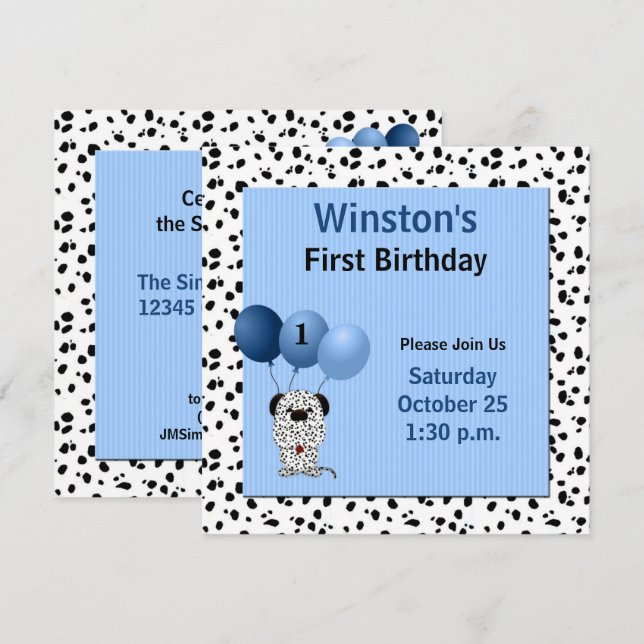 Blue Baby's 1st Birthday Party Dalmatian Theme Invitation (Front/Back)
