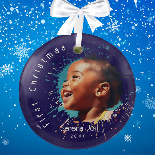 Blue Baby's First Christmas Splatter Pattern Glass Tree Decoration