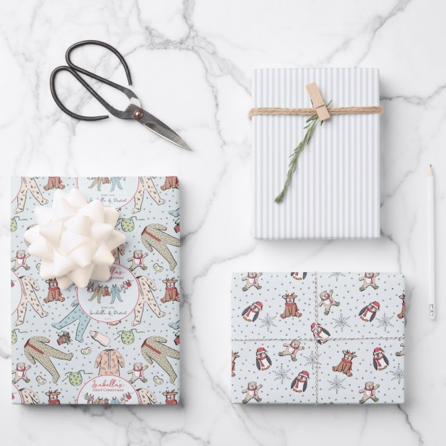 Blue Babys First Christmas Winter Pyjamas Wrapping Paper Sheet (Front)