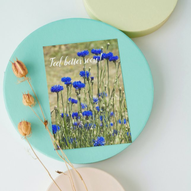 Blue Bachelor Buttons Floral Get Well Card (In Situ)