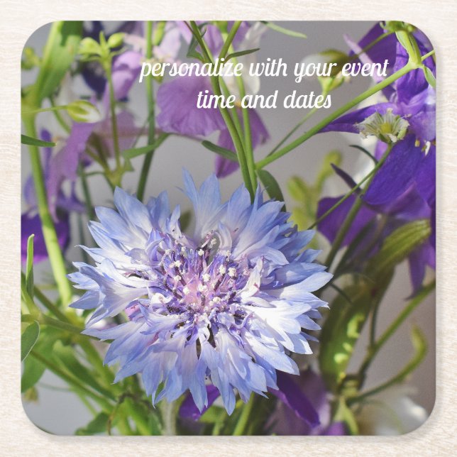 Blue Bachelor's Button Square Paper Coaster (Front)