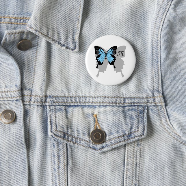 Blue Backed Butterfly Shadow Monogram 6 Cm Round Badge (In Situ)