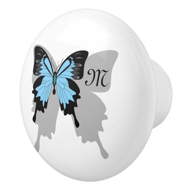 Blue Backed Butterfly Shadow Monogram Ceramic Knob (Right)