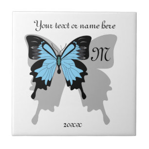 Blue Backed Butterfly Shadow Monogram Ceramic Tile