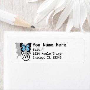 Blue Backed Butterfly Shadow Monogram Return Address Label