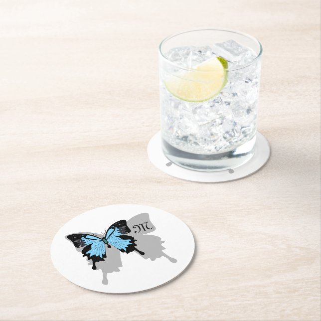 Blue Backed Butterfly Shadow Monogram Round Paper Coaster (Insitu)