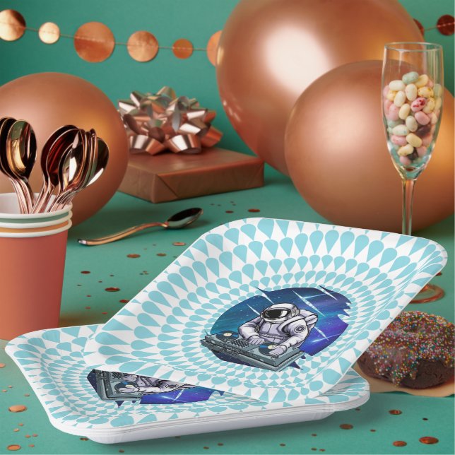 Blue Background Astronaut DJ Music Space Paper Plate (Multi)