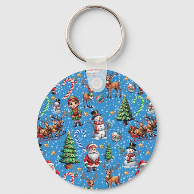 Blue Background Christmas Decorative Pattern Key Ring (Front)
