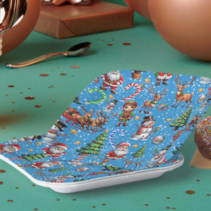 Blue Background Christmas Decorative Pattern Paper Plate