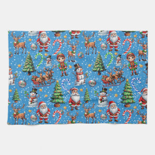 Blue Background Christmas Decorative Pattern Tea Towel