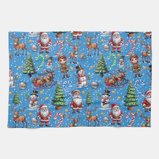 Blue Background Christmas Decorative Pattern Tea Towel (Horizontal)
