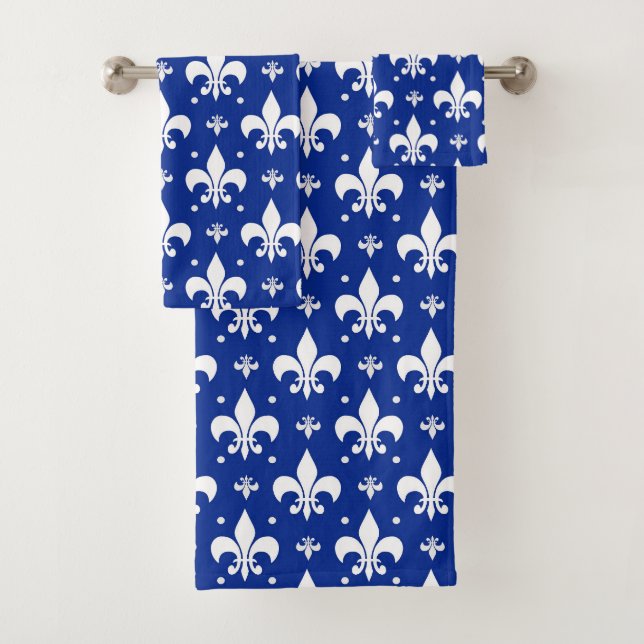 Blue Background Fleur-de-lis Pattern Design  Bath Towel Set (Insitu)
